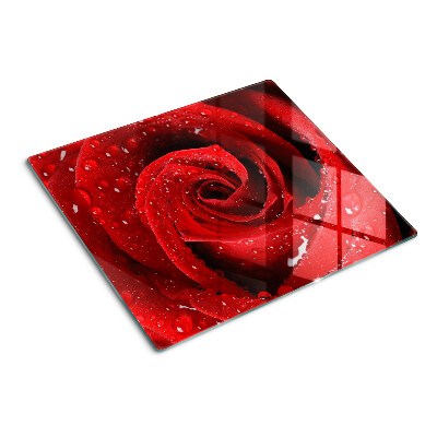 Glass kitchen board Red rose with water drops