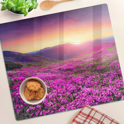 Glass kitchen board Flower landscape at sunset
