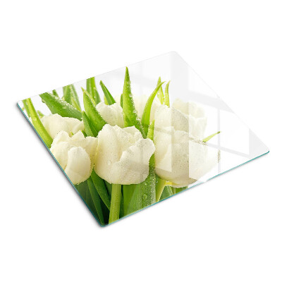 Glass kitchen board Tulips in drops of water