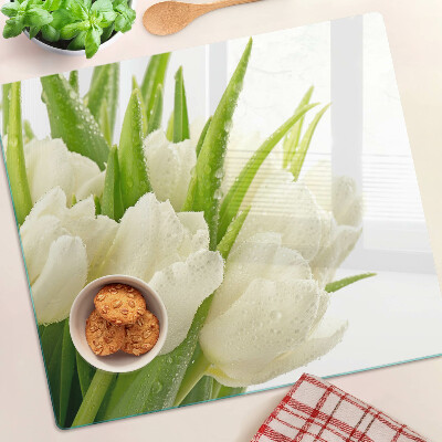 Glass kitchen board Tulips in drops of water
