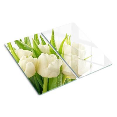 Glass kitchen board Tulips in drops of water