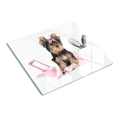 Glass chopping board Yorkshire Terrier with grooming accessories