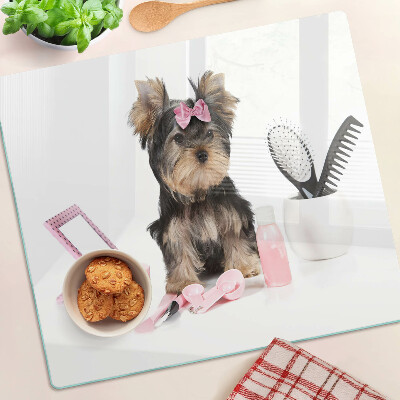 Glass chopping board Yorkshire Terrier with grooming accessories