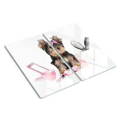 Glass chopping board Yorkshire Terrier with grooming accessories