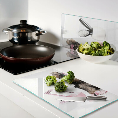 Glass chopping board Yorkshire Terrier with grooming accessories