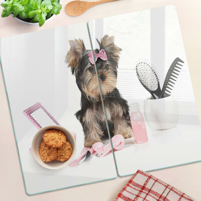 Glass chopping board Yorkshire Terrier with grooming accessories