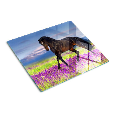 Glass kitchen board Horse against a background of purple flowers