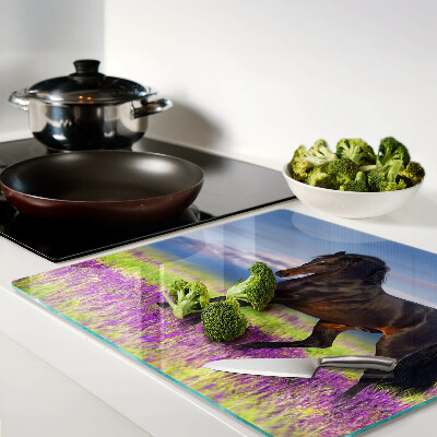 Glass kitchen board Horse against a background of purple flowers