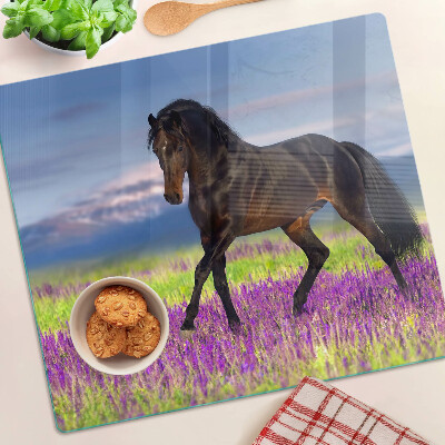 Glass kitchen board Horse against a background of purple flowers