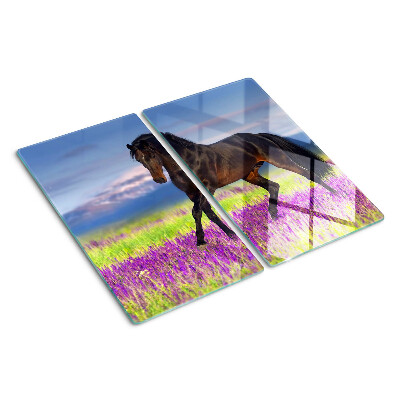 Glass kitchen board Horse against a background of purple flowers