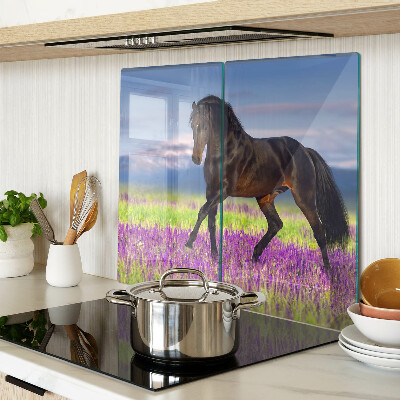 Glass kitchen board Horse against a background of purple flowers