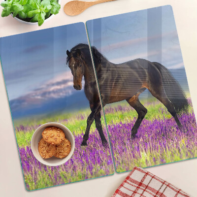 Glass kitchen board Horse against a background of purple flowers