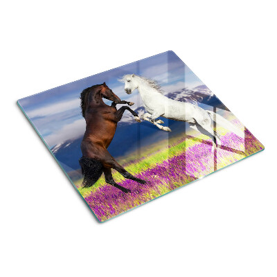 Glass chopping board Horses against the backdrop of mountains and flowers