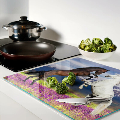 Glass chopping board Horses against the backdrop of mountains and flowers