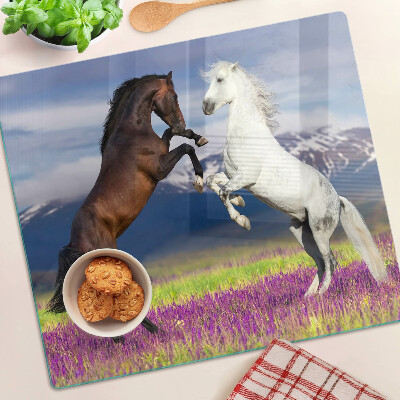 Glass chopping board Horses against the backdrop of mountains and flowers