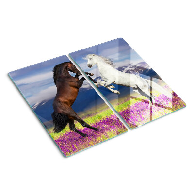 Glass chopping board Horses against the backdrop of mountains and flowers
