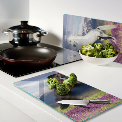 Glass chopping board Horses against the backdrop of mountains and flowers