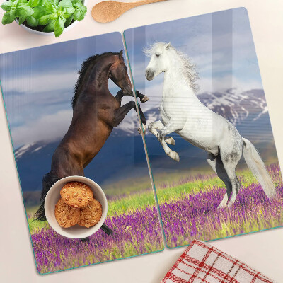 Glass chopping board Horses against the backdrop of mountains and flowers