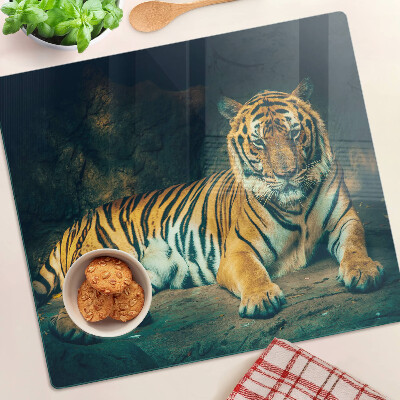 Glass kitchen board Tiger lying on the rocks