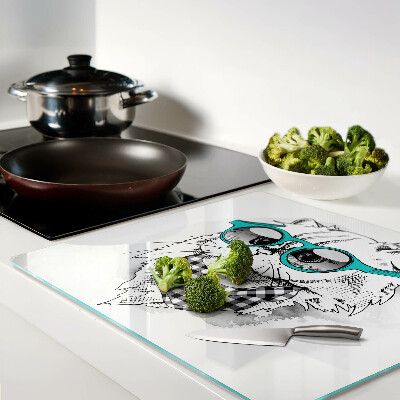 Glass chopping board Drawing of a cat wearing sunglasses