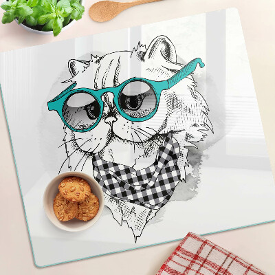 Glass chopping board Drawing of a cat wearing sunglasses