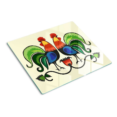 Glass chopping board Roosters in folk style