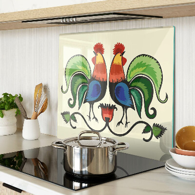 Glass chopping board Roosters in folk style
