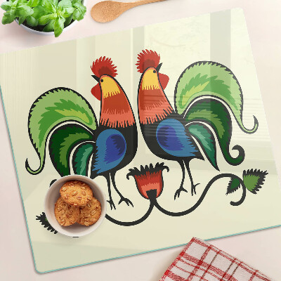 Glass chopping board Roosters in folk style