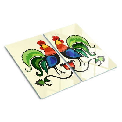 Glass chopping board Roosters in folk style