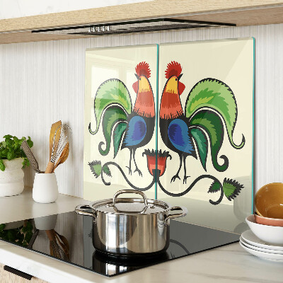 Glass chopping board Roosters in folk style
