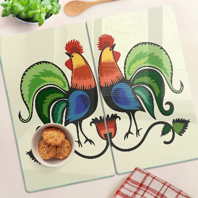 Glass chopping board Roosters in folk style