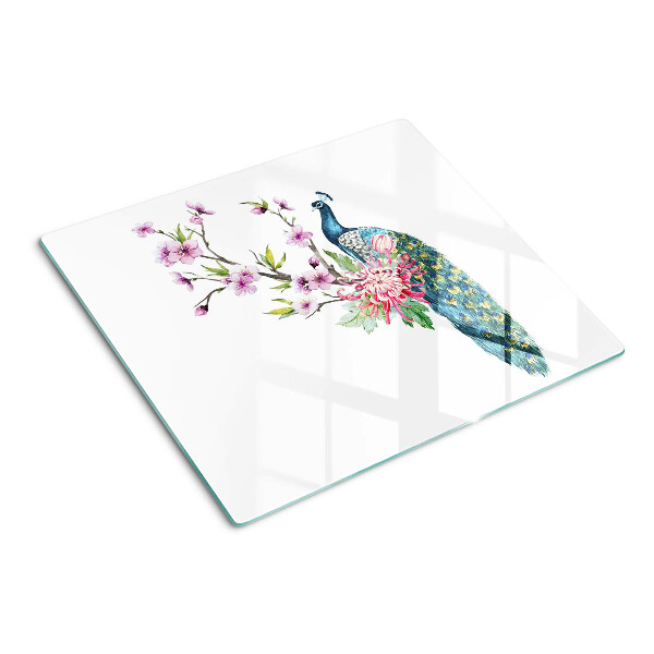 Glass kitchen board Peacock with flowers