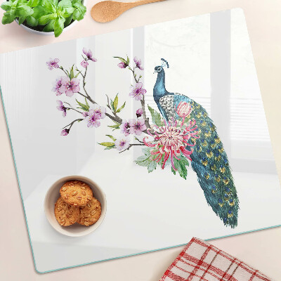 Glass kitchen board Peacock with flowers