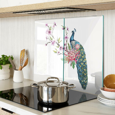 Glass kitchen board Peacock with flowers