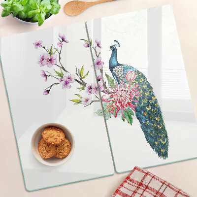 Glass kitchen board Peacock with flowers