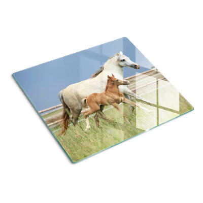 Glass kitchen board A horse with a foal in a meadow