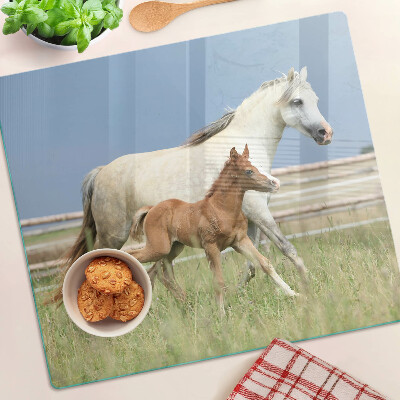 Glass kitchen board A horse with a foal in a meadow