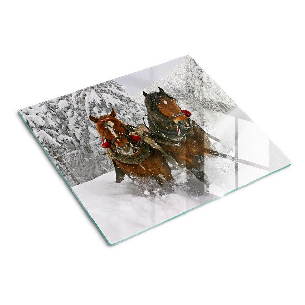 Glass chopping board Draft horses in the snow