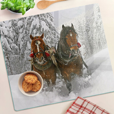Glass chopping board Draft horses in the snow