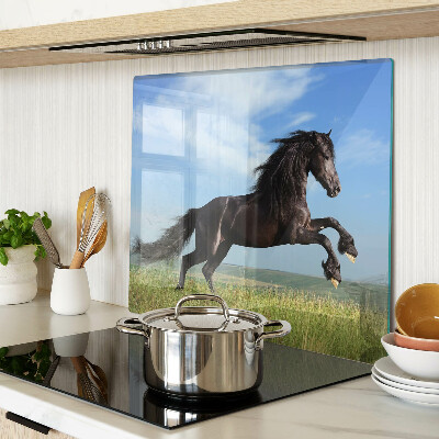 Glass kitchen board Black horse in the meadow