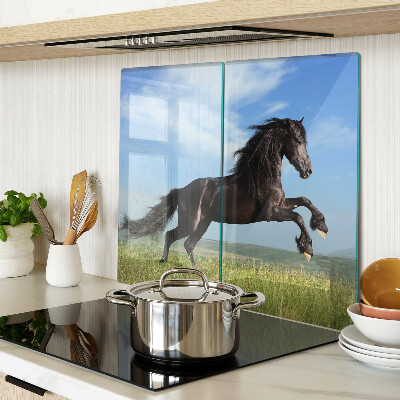 Glass kitchen board Black horse in the meadow
