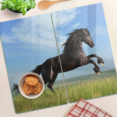 Glass kitchen board Black horse in the meadow