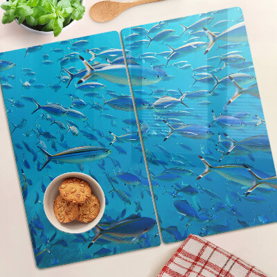 Glass chopping board A school of fish in clear water