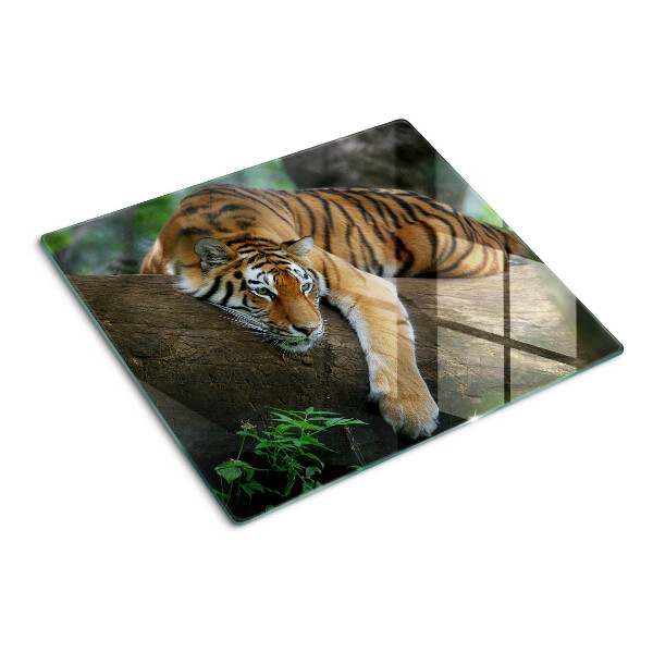 Glass chopping board Tiger on a tree trunk