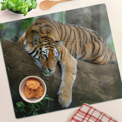 Glass chopping board Tiger on a tree trunk