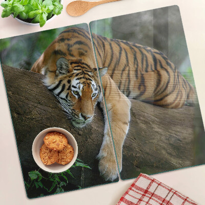 Glass chopping board Tiger on a tree trunk