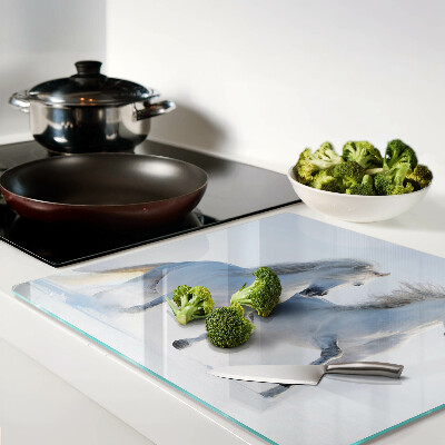 Glass chopping board Two white horses galloping madly