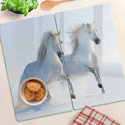 Glass chopping board Two white horses galloping madly