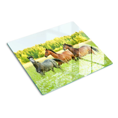 Glass chopping board A meeting of horses in the field