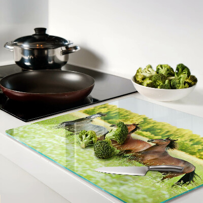 Glass chopping board A meeting of horses in the field